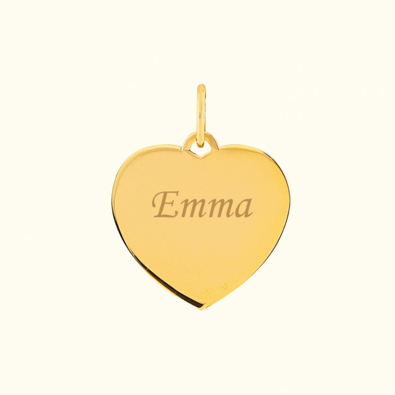 Heart-shaped gold pendant with the engraved name 'Emma', crafted from 9 and 18-carat gold in unique Bijou collection.