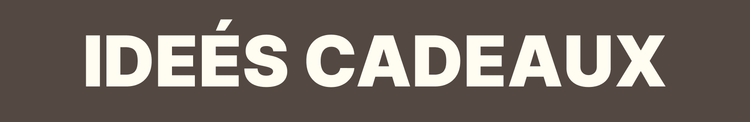 Texte 'Idées Cadeaux' sur fond marron, évoquant des cadeaux personnalisés et des gravures.