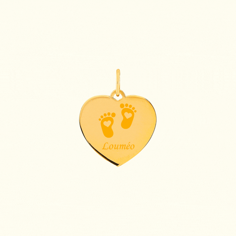 Heart-shaped pendant with engraved baby footprints and 'Louméo' text in gold.