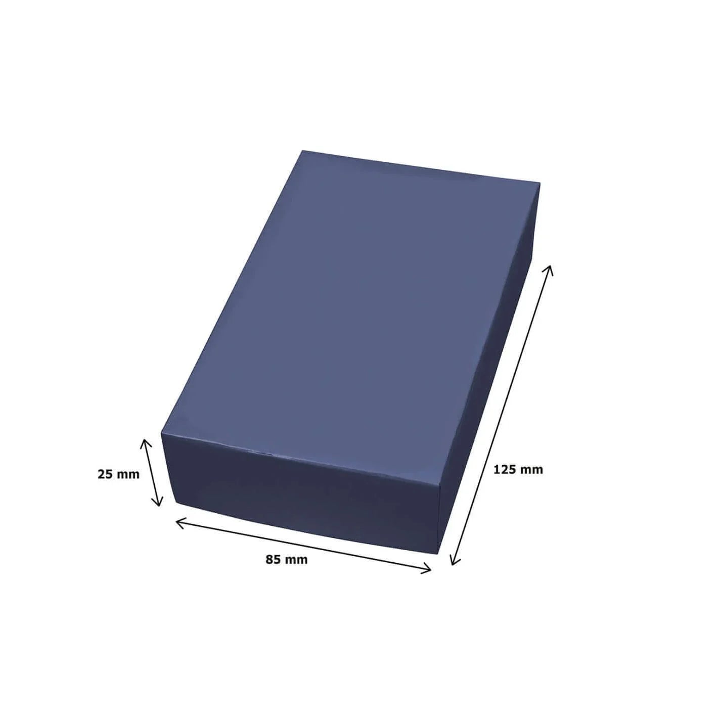 Boîte rectangulaire de dimensions 125 mm x 85 mm x 25 mm, couleur bleue, vue en perspective.