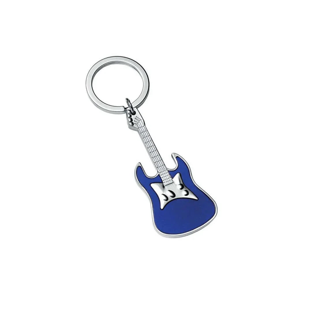 Key ring in the shape of an engraved blue guitar, customizable with text, ideal gift for music lovers.