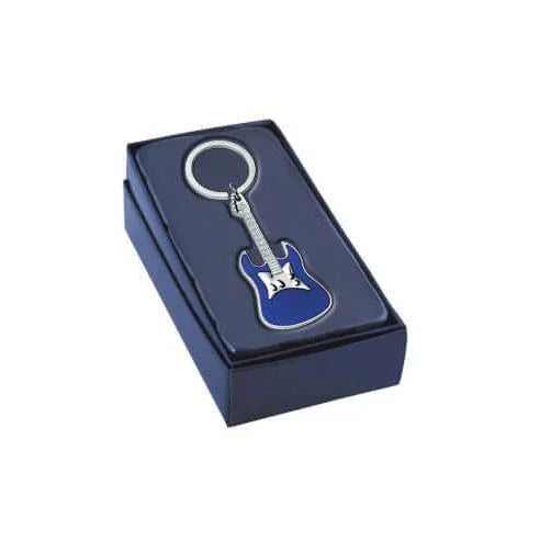 Engraved blue guitar keyring, personalized with text, in an elegant box.