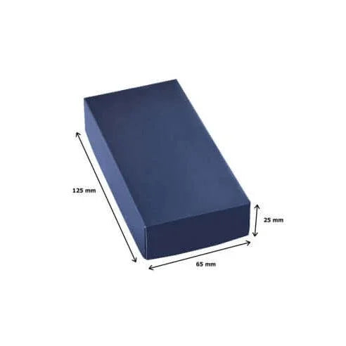 Boîte de présentation en carton bleu, dimensions 125 mm x 65 mm x 25 mm, idéale pour emballer des cadeaux.
