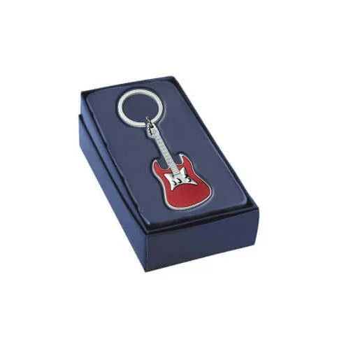 Stylish and durable engraved red guitar keyring, presented in a gift box.
