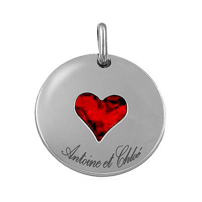 Médaille Ronde en Argent Gravée avec Photo ou texte avec Cœur Rouge Personnalisé