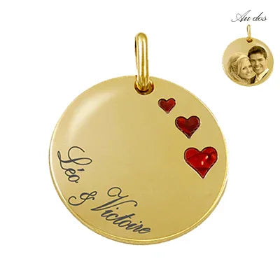 Personalized gold heart pendant GravurePhoto with three red hearts and engraved first names.