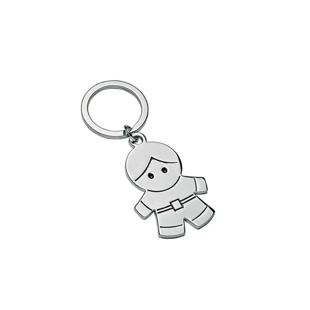 Chrome-plated metal key ring in the shape of a little boy, ideal for photo, text and pattern engraving.