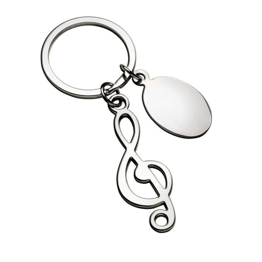 Porte-clé clé de sol en métal chromé, avec espace pour gravure de texte ou motif personnalisé.