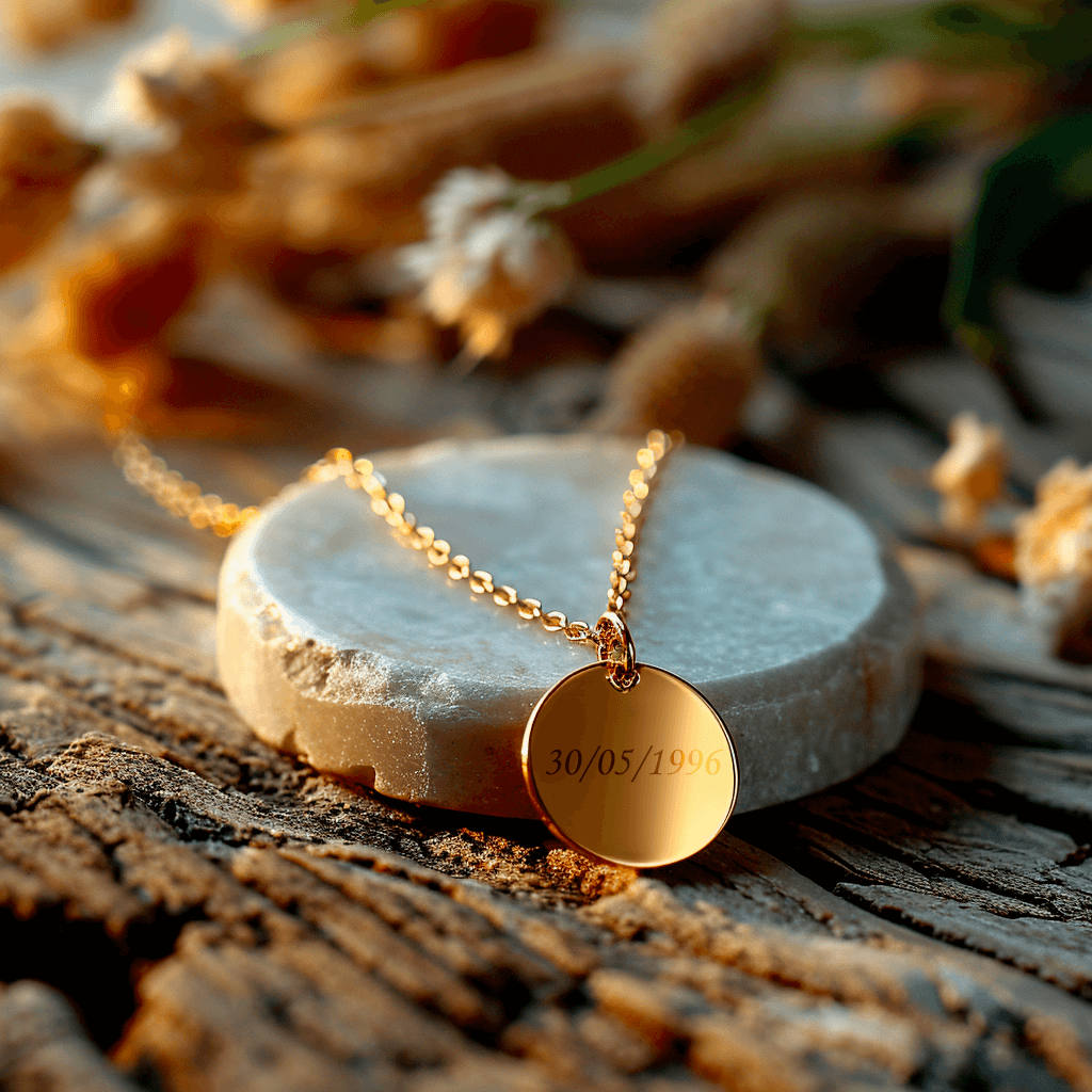 Pendentif rond en acier doré personnalisé avec gravure de date sur une chaîne en plein air.