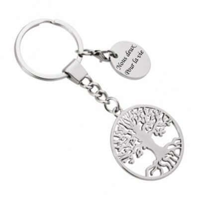 Porte-clés en métal chromé Arbre de Vie avec gravure personnalisée pour un souvenir unique.