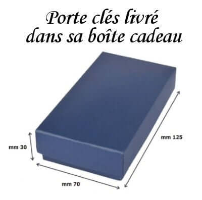 Porte clés présenté dans sa boîte cadeau, dimensions 125x70x30 mm, parfait pour un cadeau original.