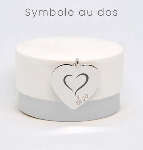 Médaillon cœur en argent GravurePhoto avec symbole et inscription love, sur boîte blanche