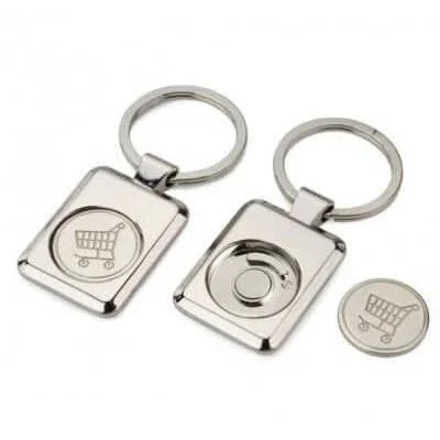 Porte clés rectangle caddie gravé avec des motifs, idéal pour un cadeau personnalisé.