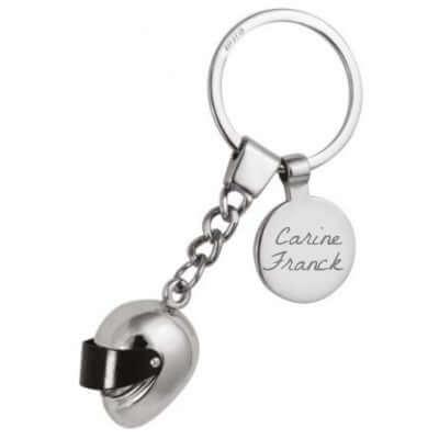 Silver Photo Engraving key ring with engraved medallion and helmet, personalized jewelry.