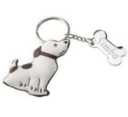 Porte-clés en forme de chien avec une plaque gravée pour personnaliser le texte, parfait pour un souvenir unique.