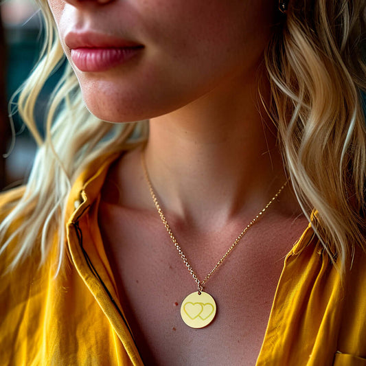 Grand médaillon rond en acier doré avec gravure de cœur, porté par une femme, sur un fond chaleureux.