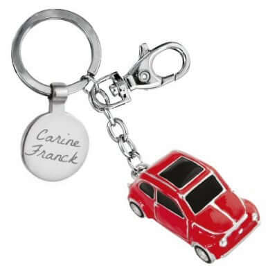 Porte-clés voiture deux chevaux avec gravure personnalisée, style rétro en métal chromé et médaillon argenté.