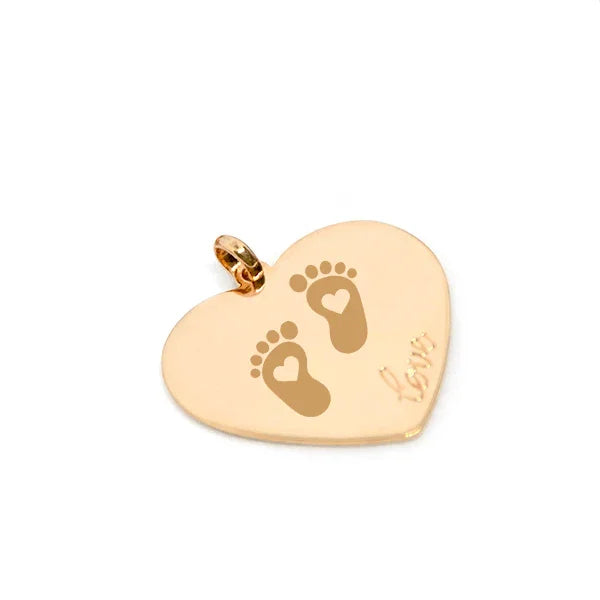 Large heart medallion in 750 gold plated engraved with small footprints and the inscription "Love".