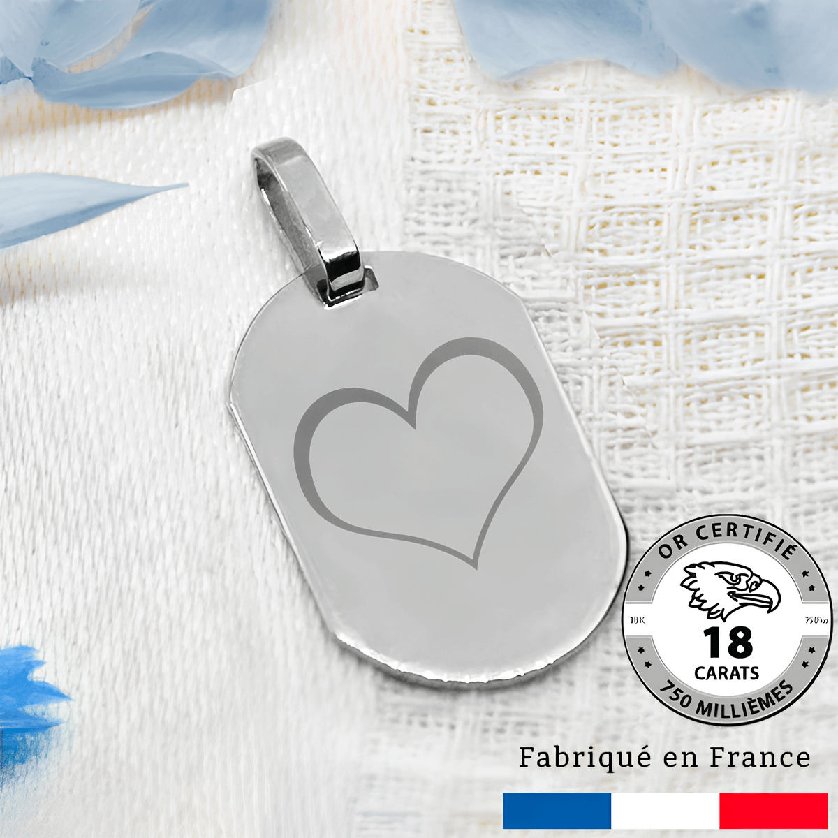 Pendentif gravé en or gris 18 carats avec motif de cœur, fabriqué en France.