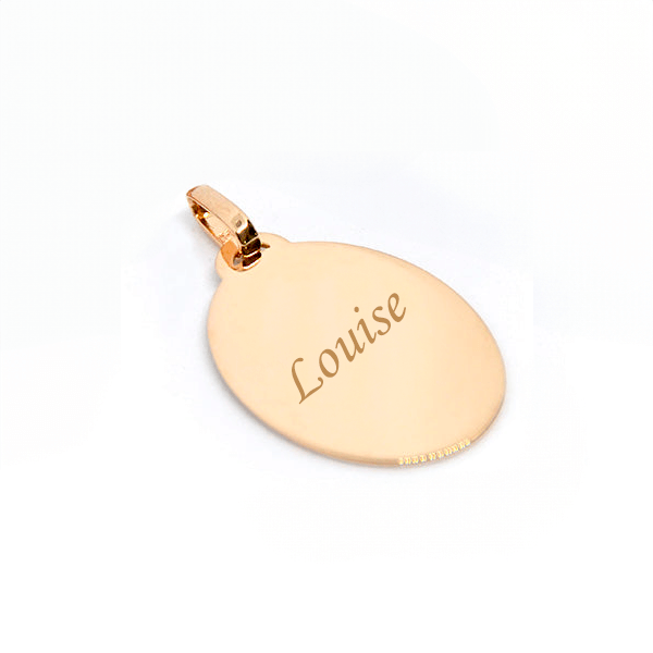 Grand pendentif ovale plaqué or gravé avec le nom "Louise", dimensions 3 cm x 2,2 cm, livré dans sa pochette cadeau.