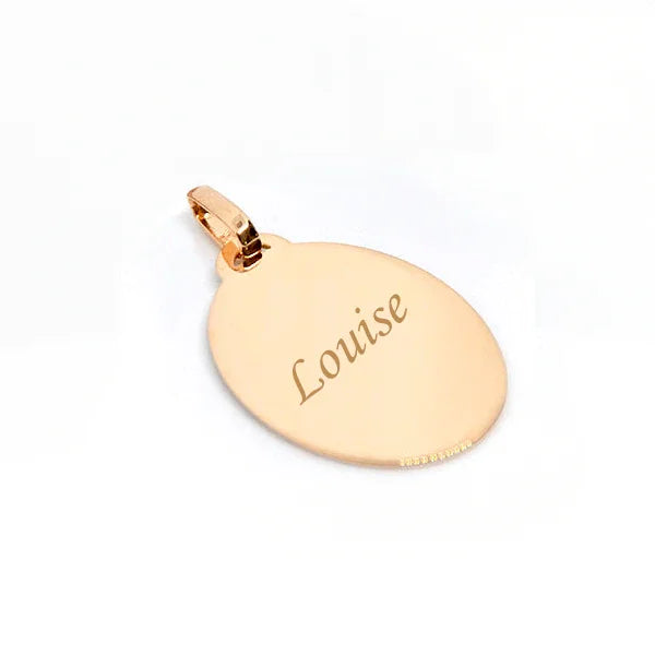Grand pendentif ovale plaqué or 750 3MIC gravé avec un texte