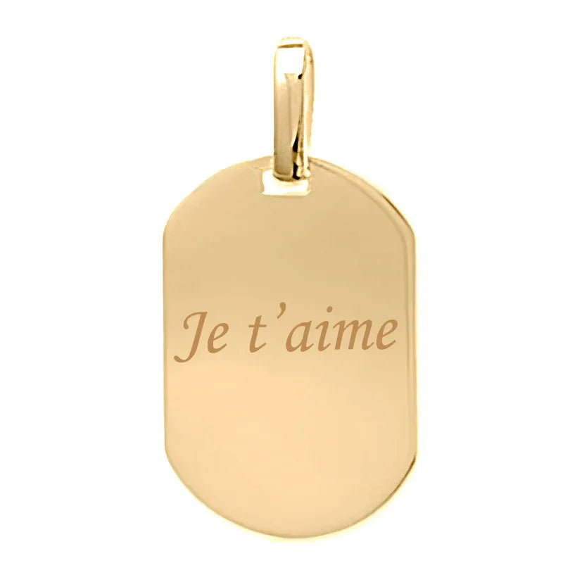 Médaille tonneau en or 18 carats gravée avec texte personnalisé "Je t'aime"