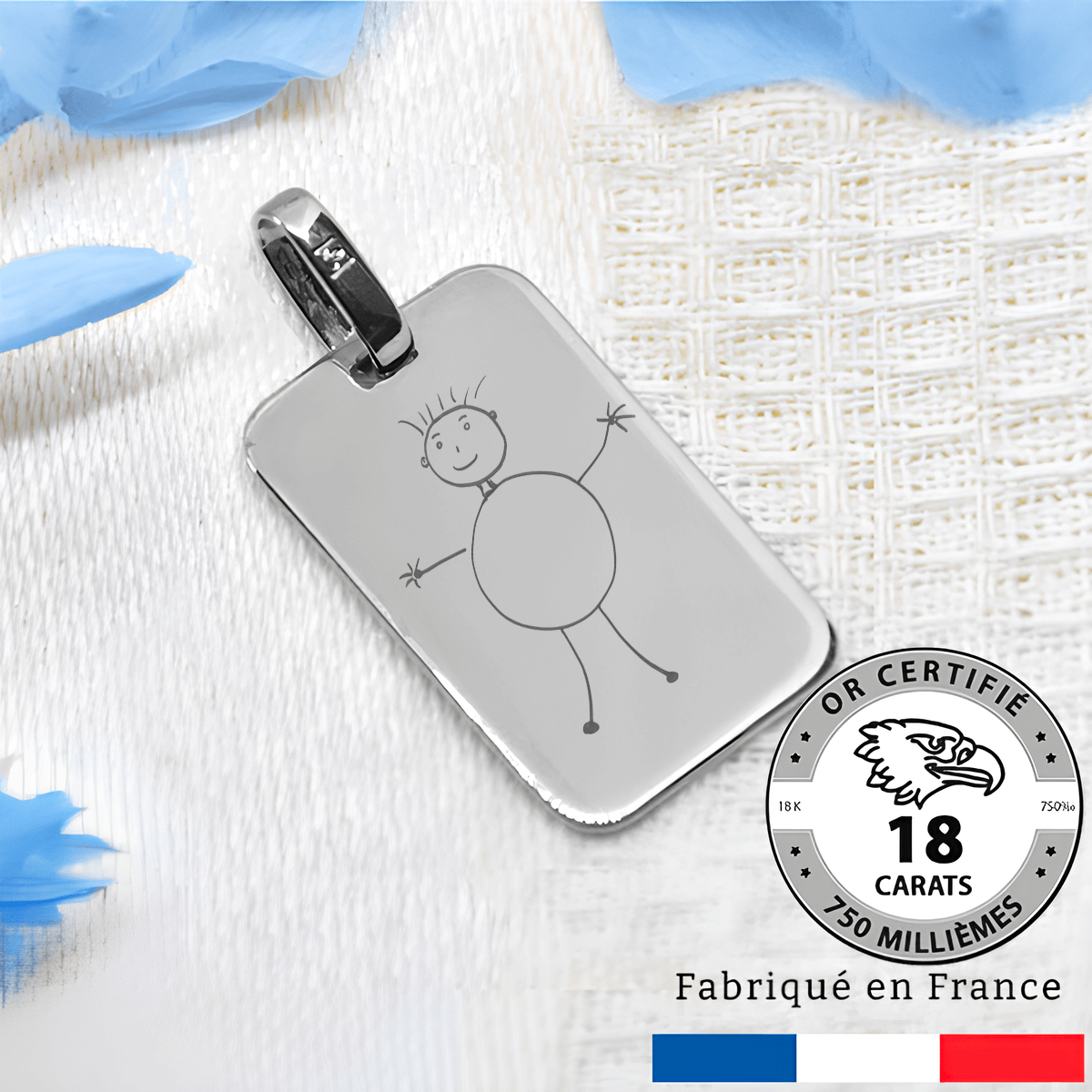 Rectangular engraved 18-carat gray gold pendant with custom drawing, made in France, ideal for a prestigious gift.