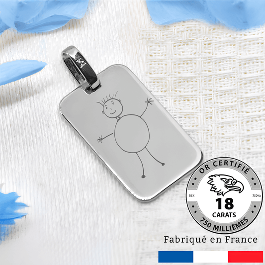 Rectangular engraved 18-carat gray gold pendant with custom drawing, made in France, ideal for a prestigious gift.