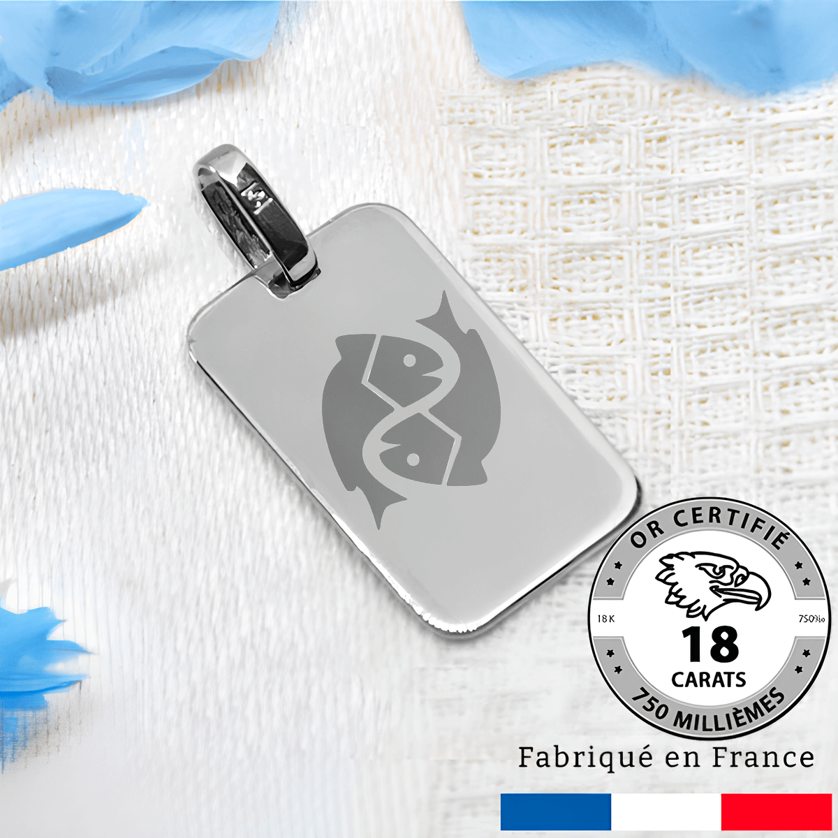 Pendentif gravé rectangle en or gris 18 carats avec motif de poissons, fabriqué en France.