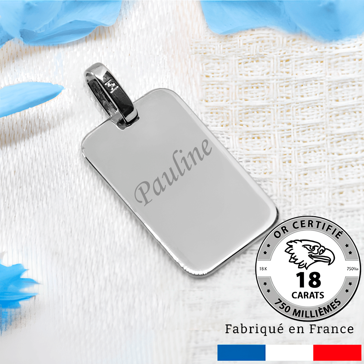Grand pendentif gravé rectangle en or gris 18 carats avec gravure personnalisée, idée cadeau de luxe.