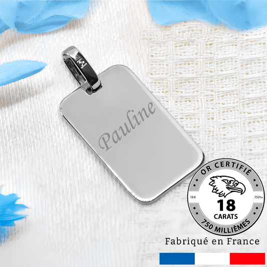 Grand pendentif gravé rectangle en or gris 18 carats avec gravure personnalisée, idée cadeau de luxe.