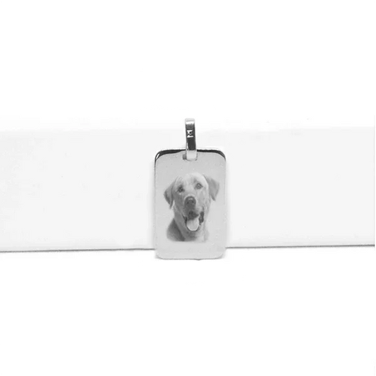 Pendentif rectangulaire GravurePhoto personnalisé avec photo de chien, bijou en métal argenté