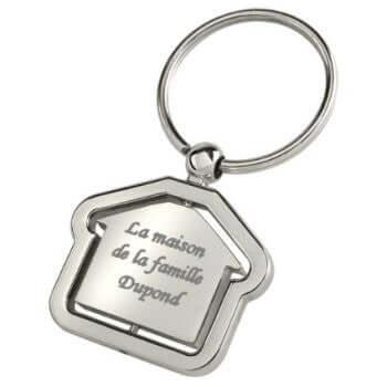 Porte-clés maison gravée GravurePhoto avec inscription personnalisée, métal argenté.