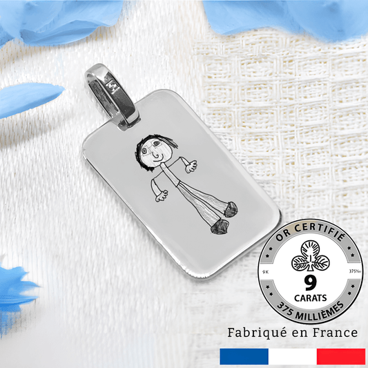 Médaille gravée avec un dessin rectangle or Gris 9 carats, cadeau familial, fabrication française.