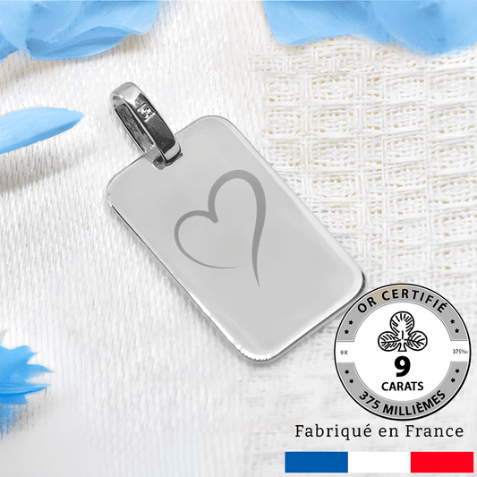 Médaille gravée avec un motif rectangle or Gris 9 carats, fabriquée en France, idéale cadeau personnalisable avec gravure rapide.