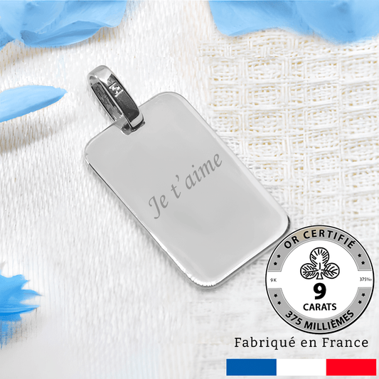Médaille gravée en or gris 9 carats avec le texte 'Je t'aime', fabriquée en France.