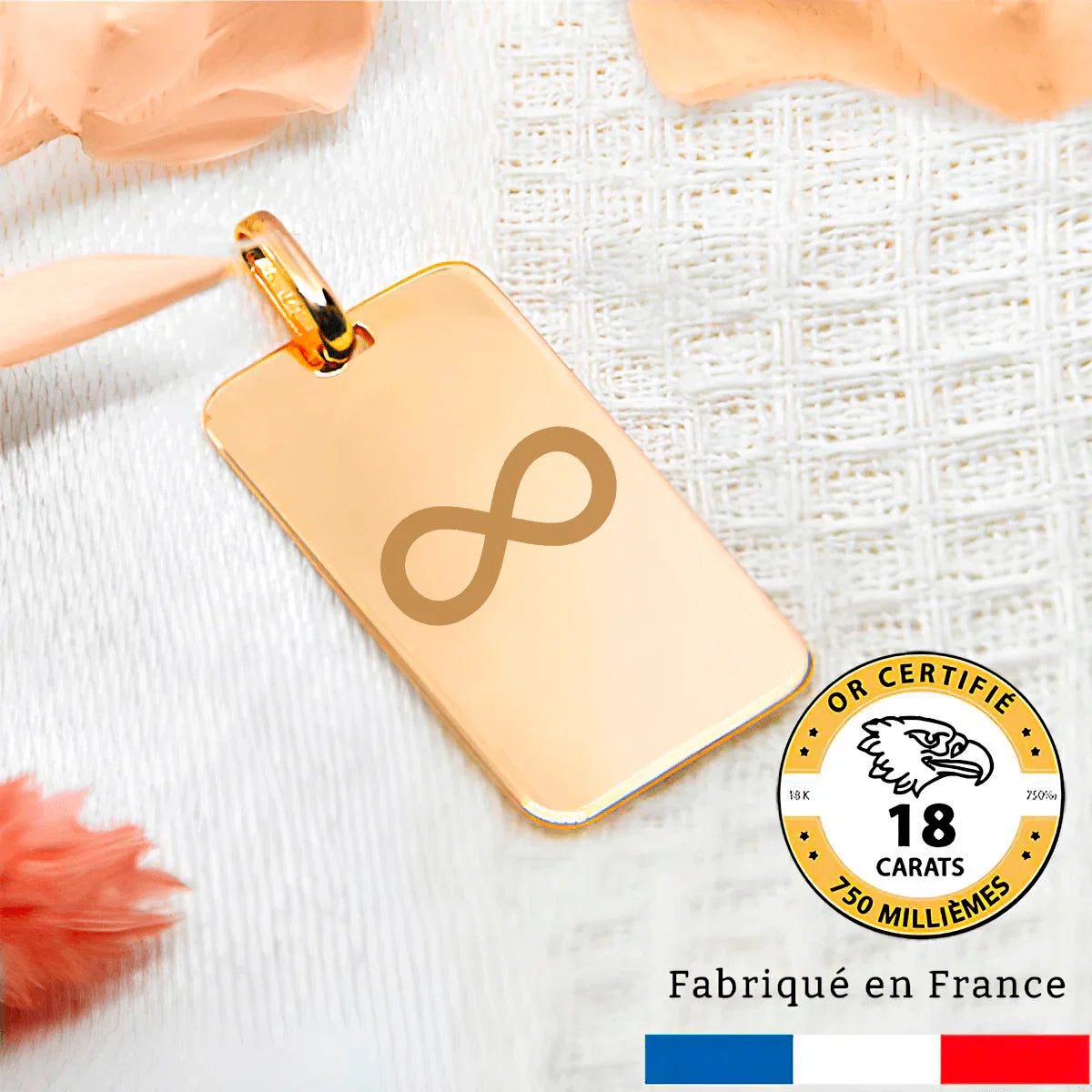 18-carat gold rectangle medal with infinity symbol, made in France, elegant engraved pendant.