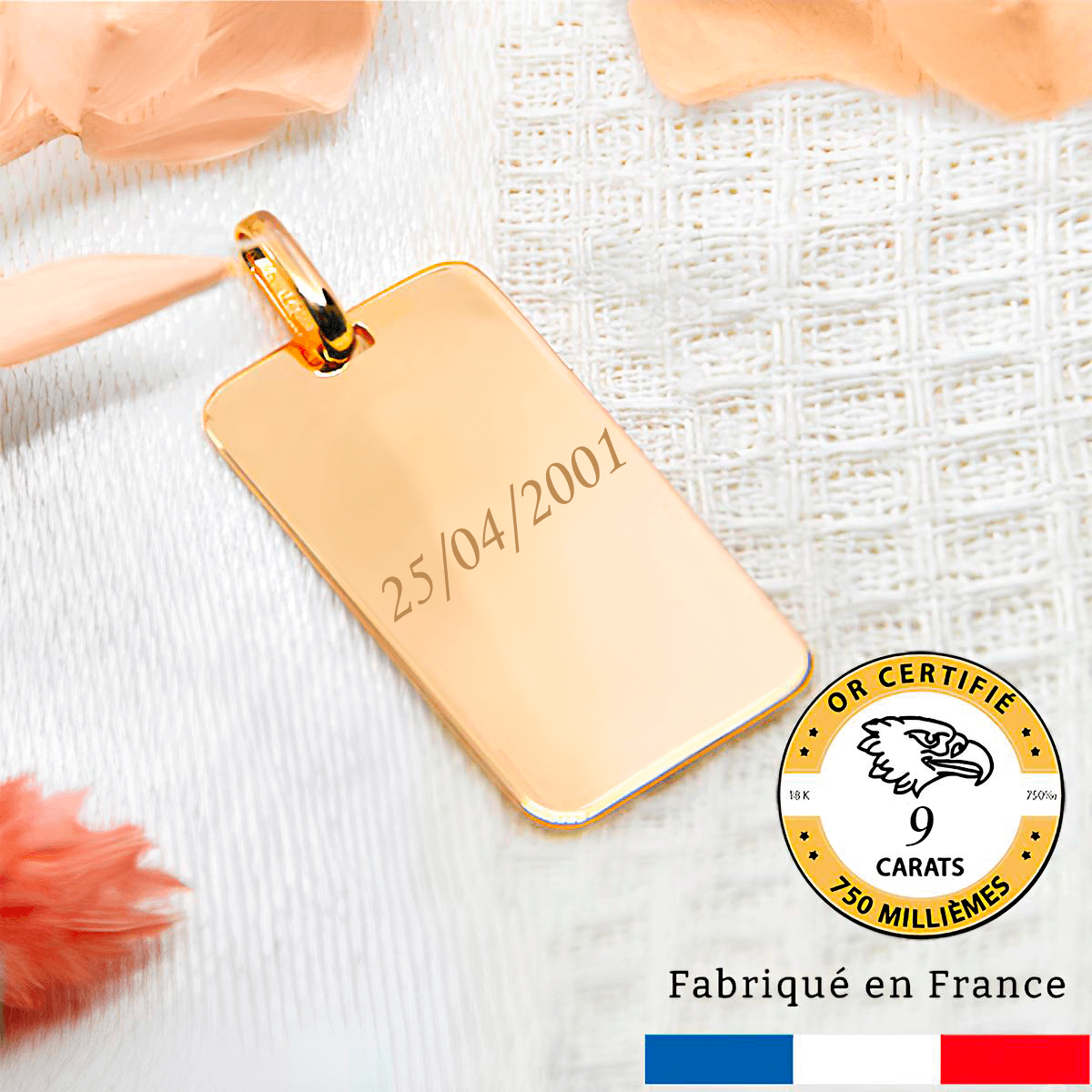 Médaille gravée avec un texte rectangle or 9 carats gravé en idée cadeau