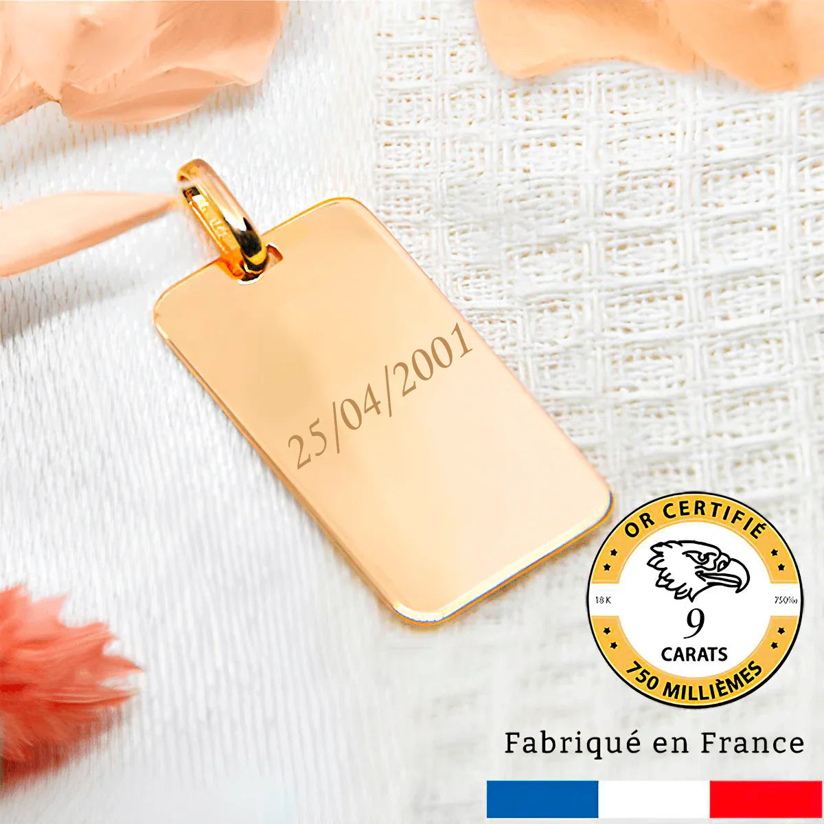 Médaille gravée avec un texte rectangle or 9 carats gravé en idée cadeau