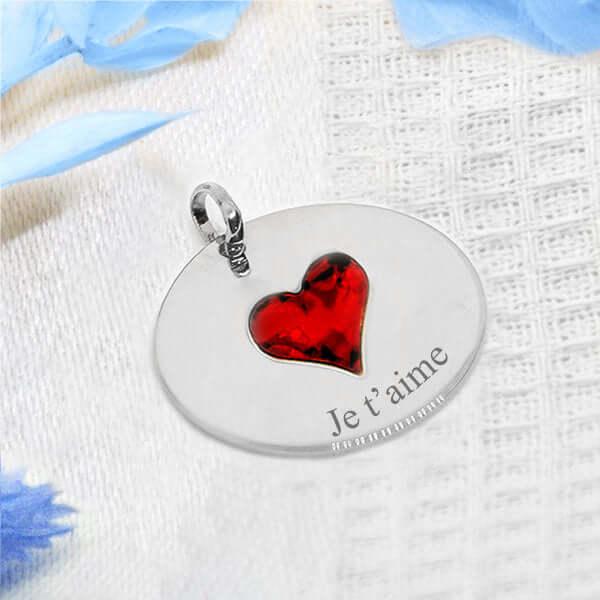 Médaillon rond en argent GravurePhoto avec gravure Je t'aime et cœur rouge