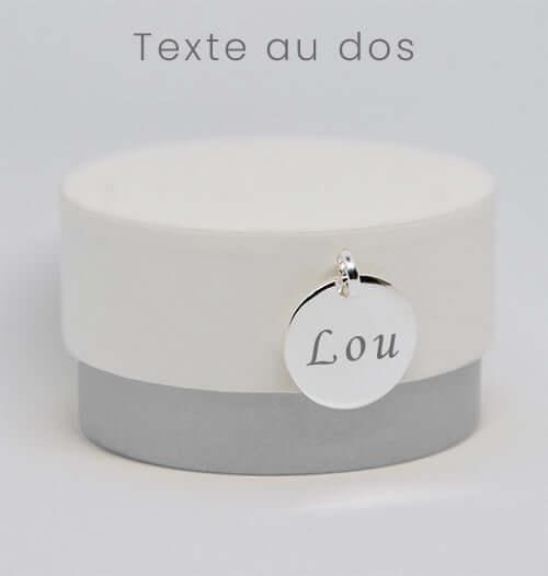 Personalized round pendant engraved 'Lou', gold jewel Photo Engraving on box, unique gift.