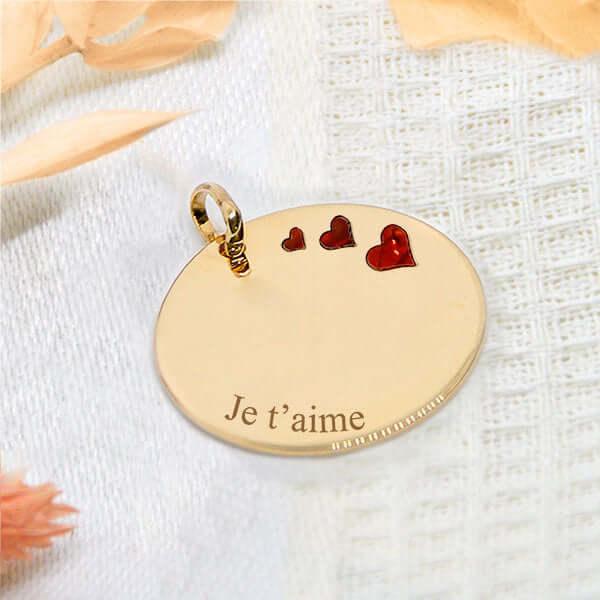 Personalized gold heart pendant Photo Engraving with three red hearts and I love you engraving