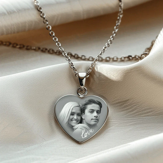 Pendentif cœur personnalisé en or GravurePhoto avec photo gravée et chaîne, bijou unique