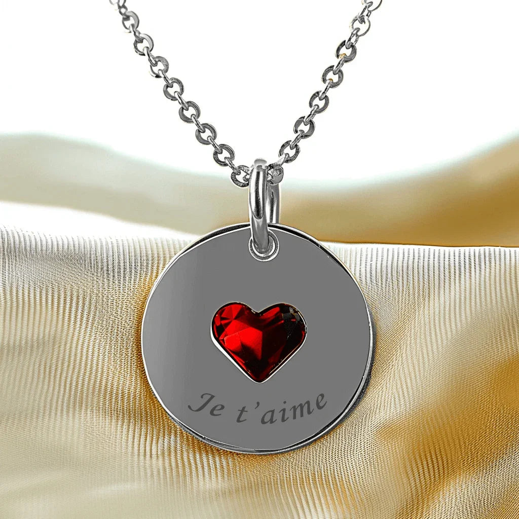 Petit médaillon rond en argent GravurePhoto avec cœur rouge