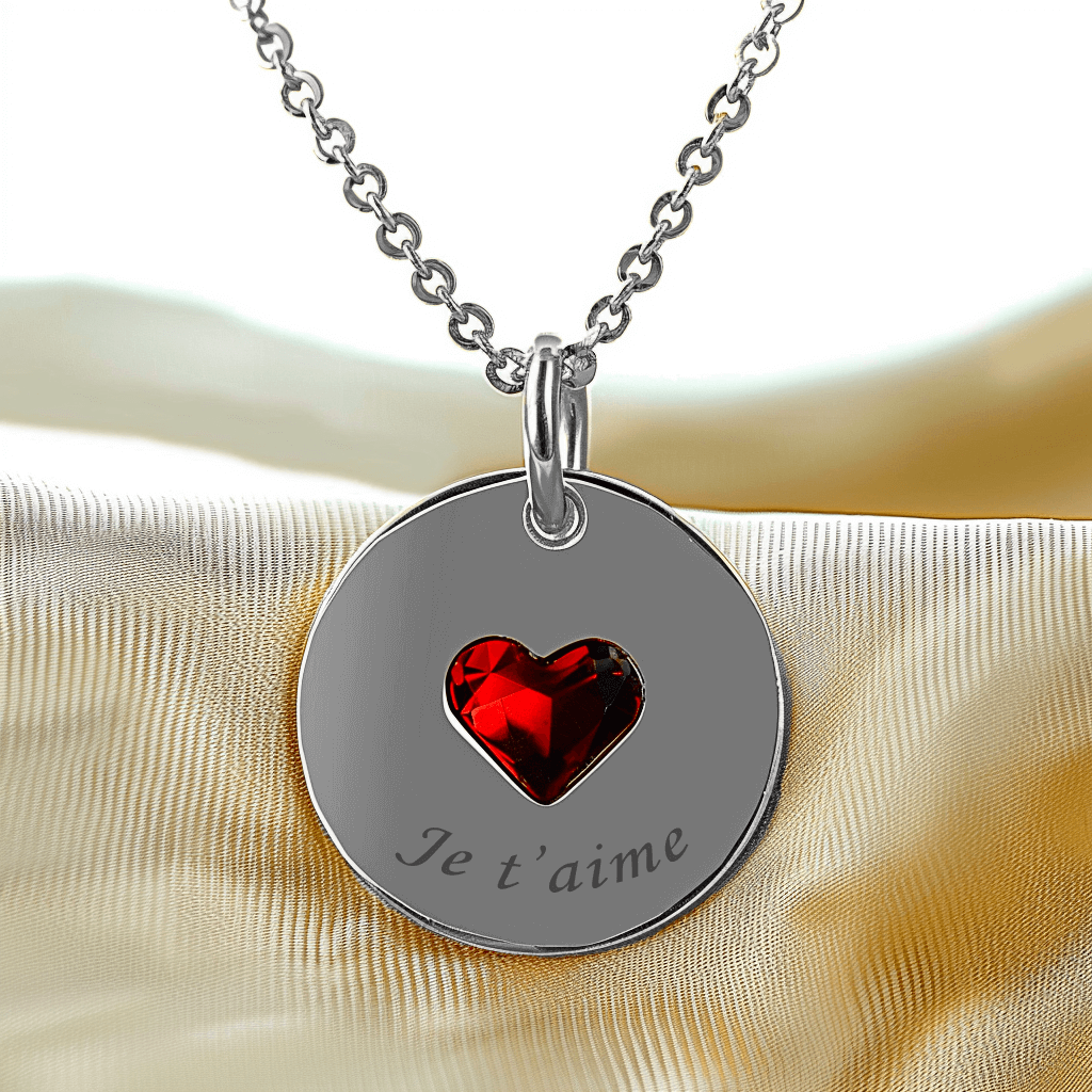 Médaillon Rond en Argent Gravé Photo avec Cœur Rouge