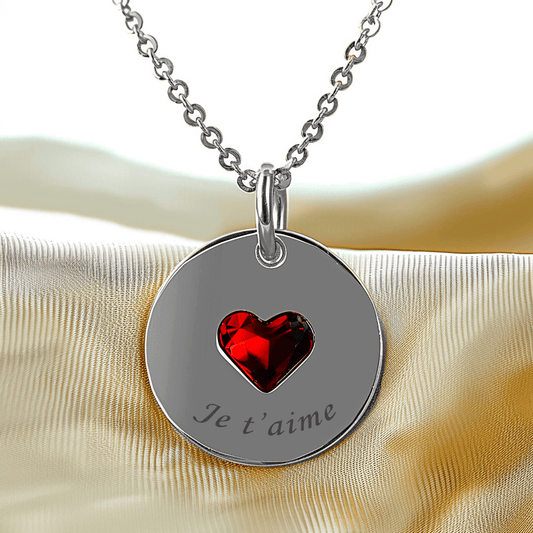 Médaillon Rond en Argent Gravé Photo avec Cœur Rouge
