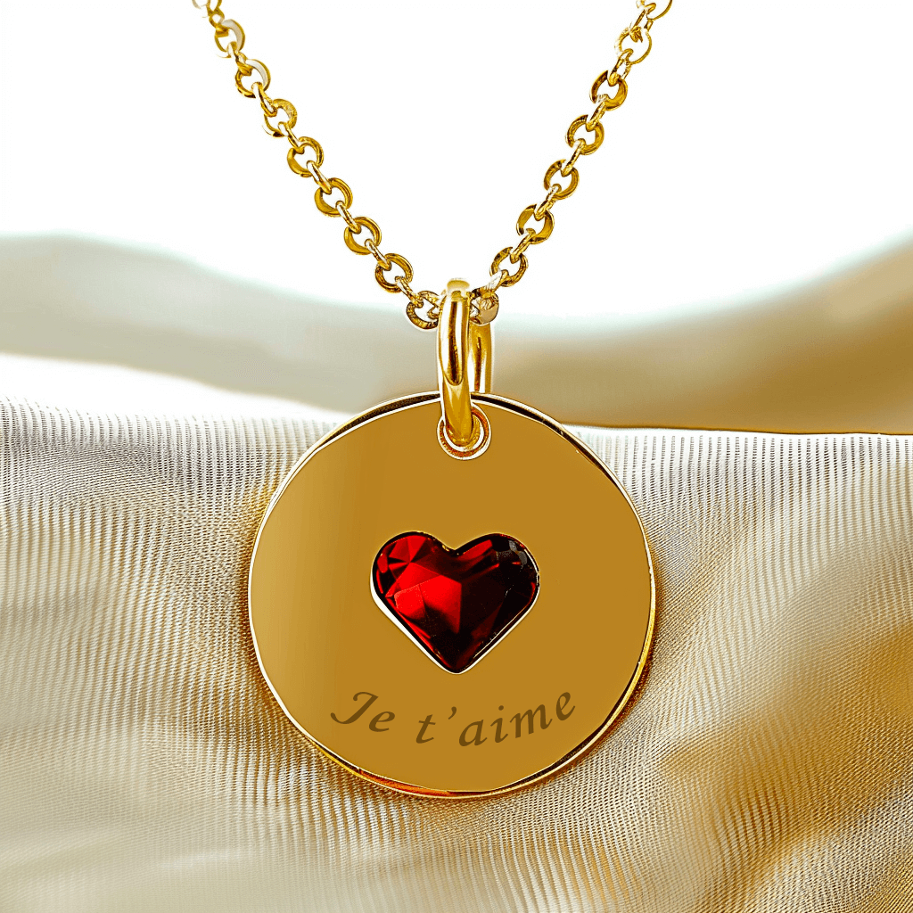 Médaillon rond en plaque or avec coeur grave avec un texte