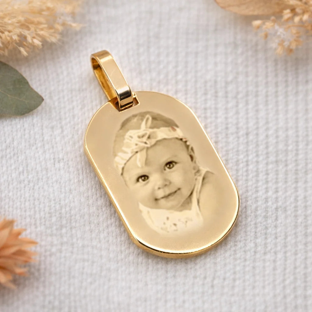 Customizable gold-plated barrel medallion engraved with unique photo on a white background