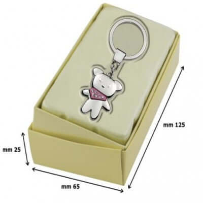 Porte-clés ourson rose gravé, idéale pour personnalisation, dimensions 85mm x 35mm, dans un emballage élégant.