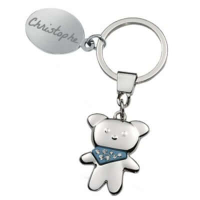 Porte-clés ourson bleu gravé avec le nom Christophe, personnalisation unique en gravure photo sur bijou.